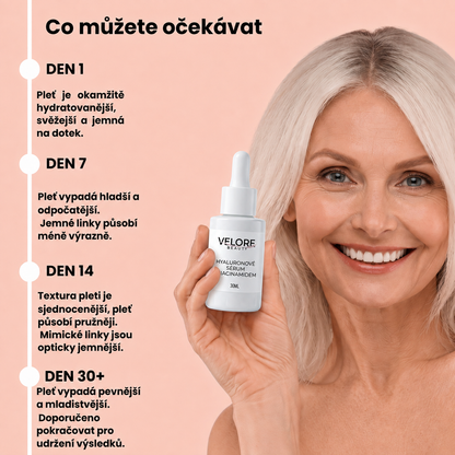 Spokojená žena držící omlazující hyaluronové sérum Velore s niacinamidem a časová osa viditelných výsledků po 30 dnech používání